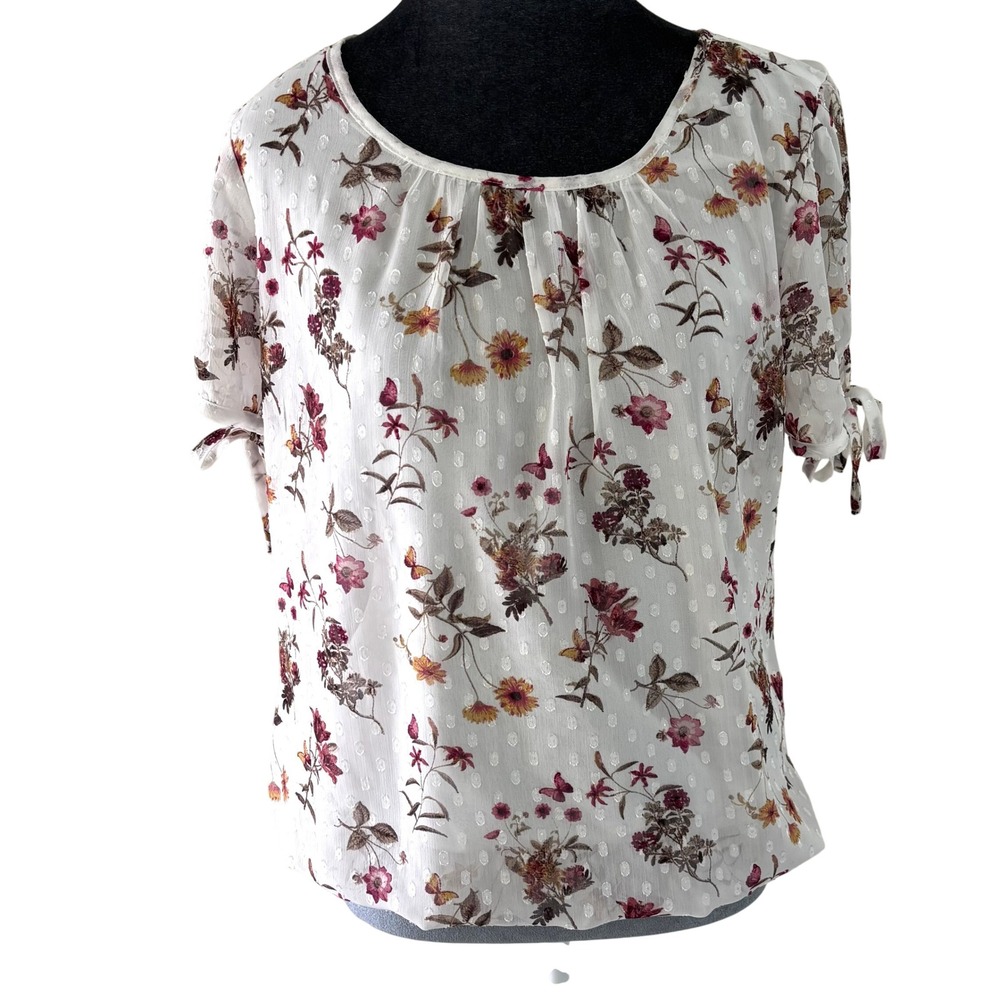 Tamara‎ H Floral Butterfly Boho Fairy Swiss Dot Blouson Top White S Tie Sleeve